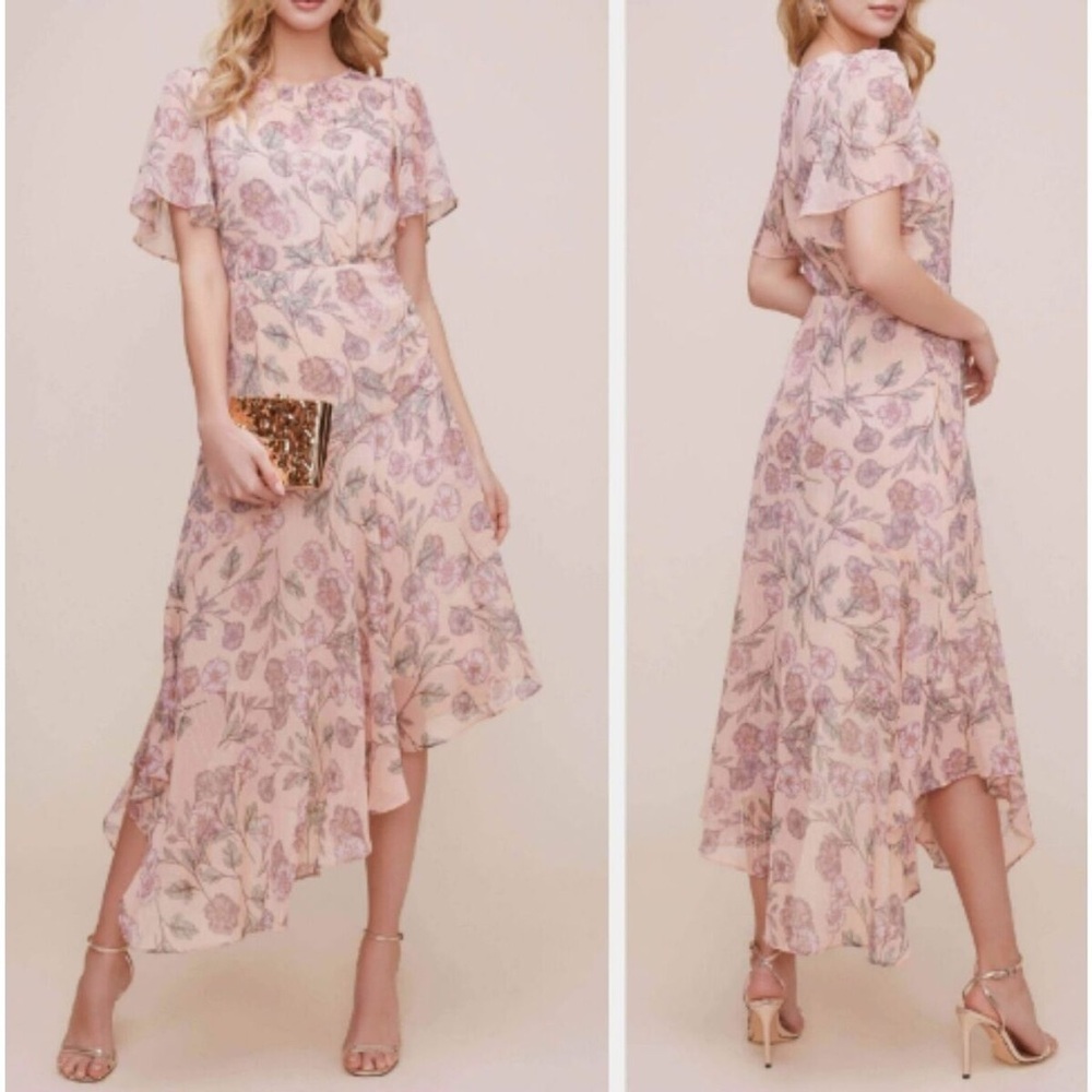 ASTR The Label Pink Floral & Metallic Print Asymmetrical Hem Midi Dress